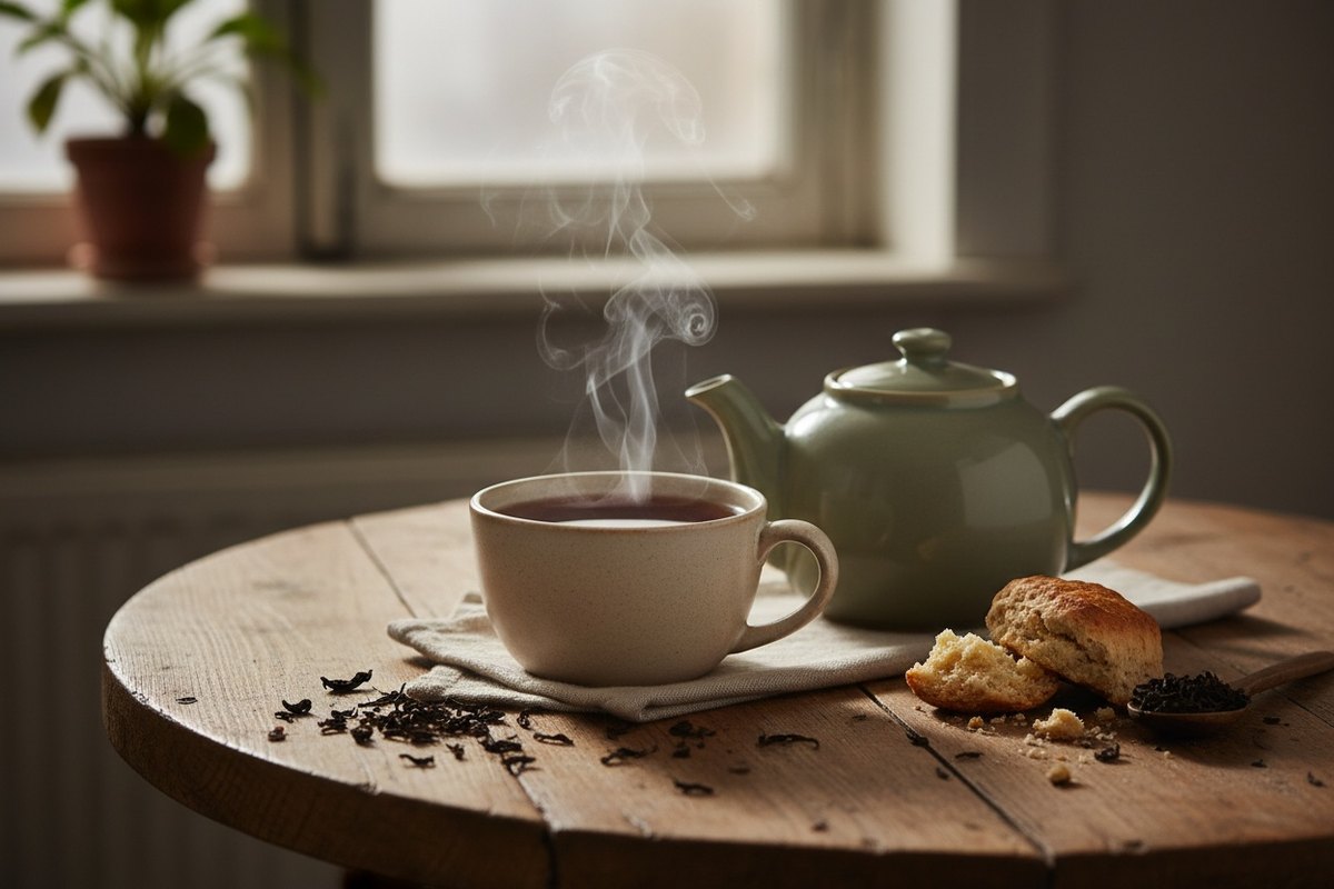 Tasse de thé noir fumante avec feuilles de thé en vrac et théière sur une table en bois.