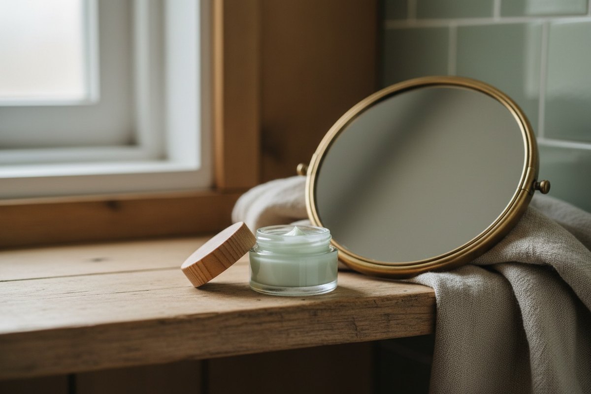 Pot de crème contour des yeux posé sur une étagère de salle de bain