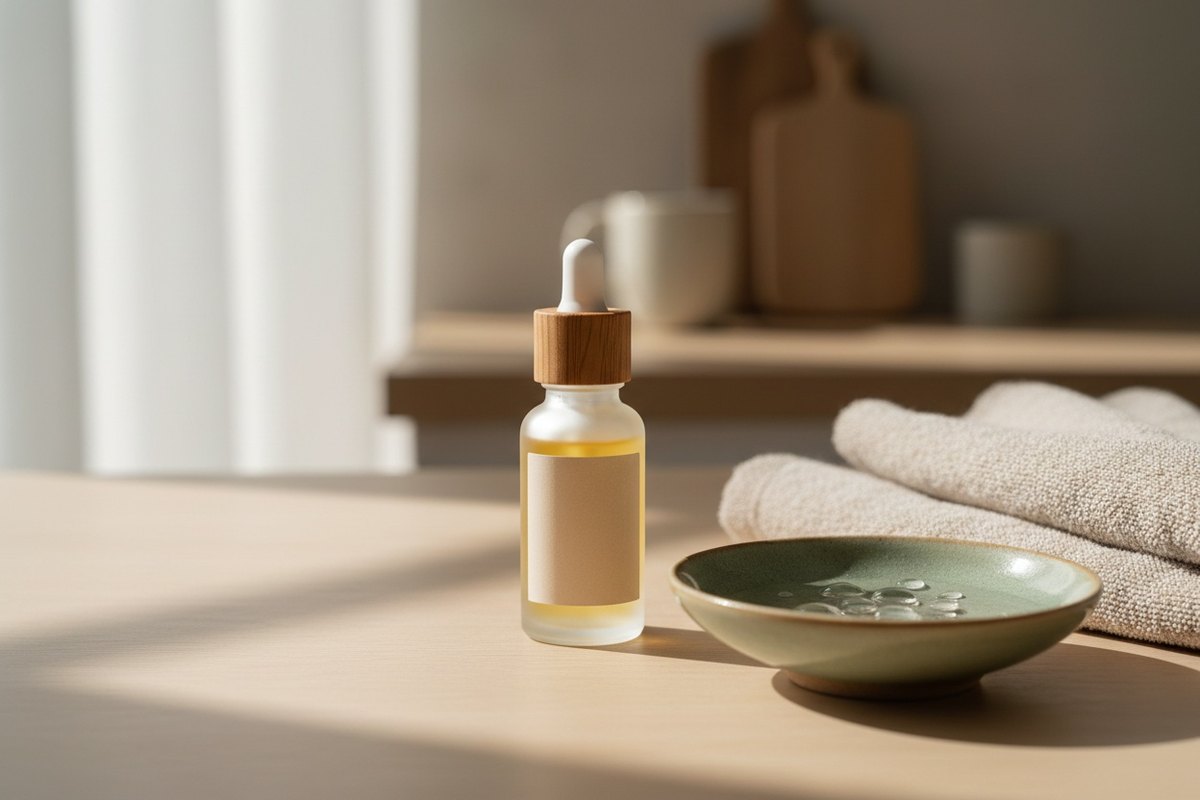 Flacon de sérum à l'acide hyaluronique posé sur un comptoir de salle de bain